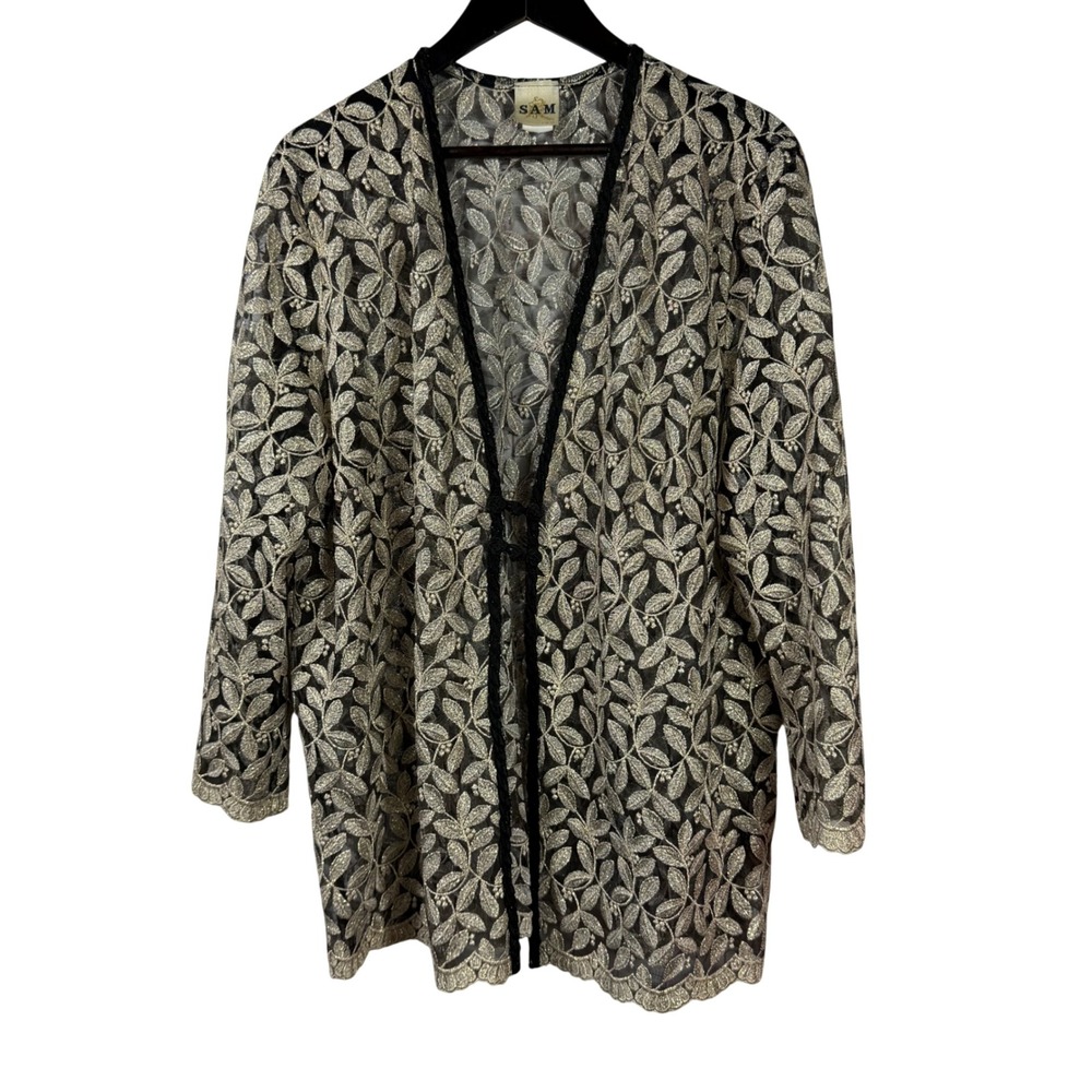 SAM USA Gold Metallic Leaf Embroidered Sheer Mesh Cardigan Black Frog Closure